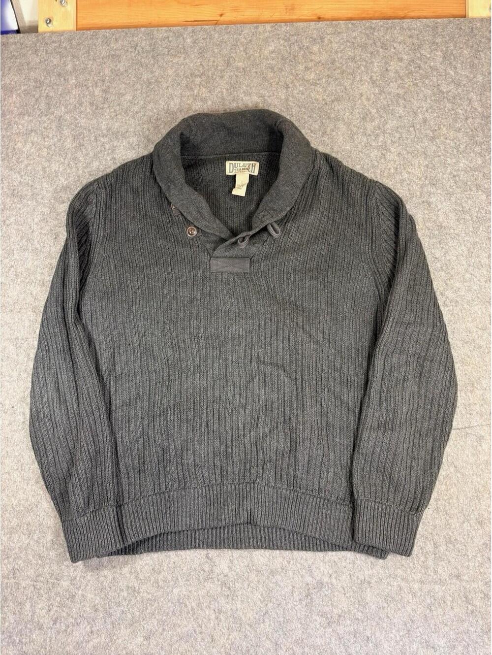 Duluth Trading Shawl Collar Sweater Mens Large Gray Cotton Wool Chunky Knit